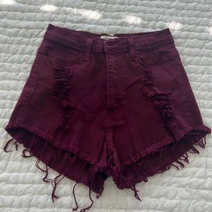 Distressed plum colored jean shorts
